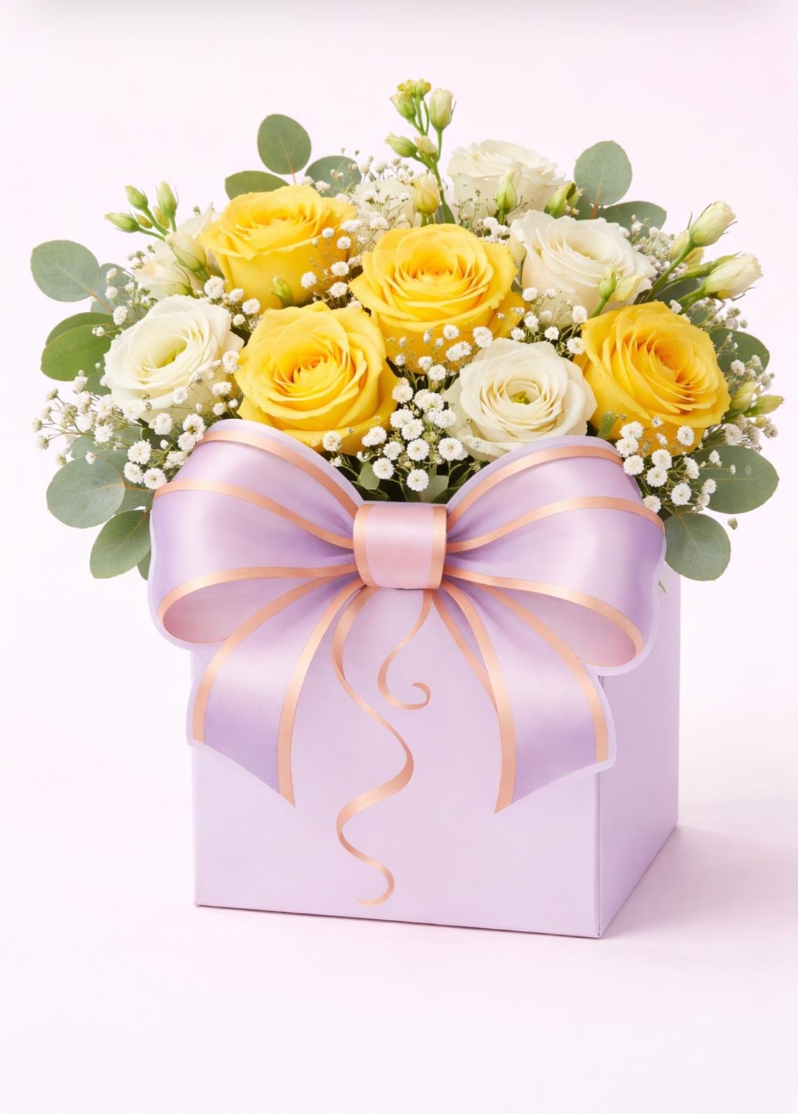 Golden Bliss Box – bright, elegant, and full of joy. yellow and white rose box Vancouver with pastel gift box
