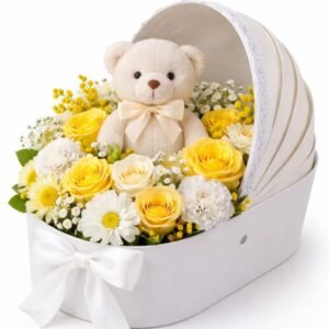 flower basket with teddy bear Vancouver yellow and white arrangement
