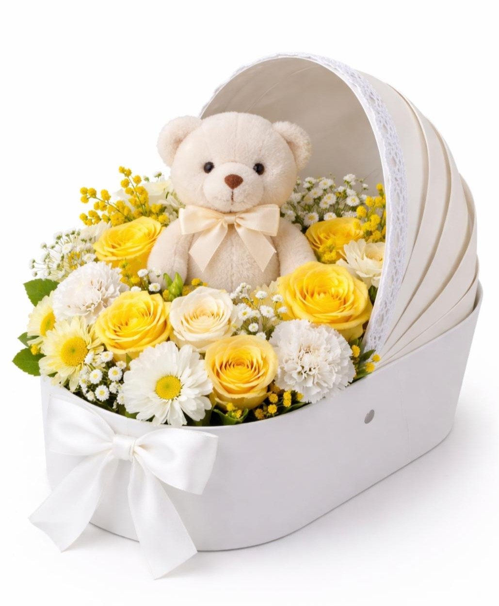 flower basket with teddy bear Vancouver yellow and white arrangement