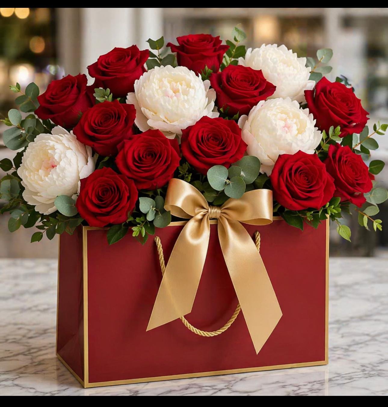 red rose and white peony flower box Vancouver luxury arrangement