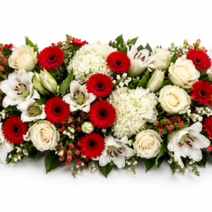Prestige Red and White Floral Centerpiece with Hydrangeas, Roses, Germini and Lilies