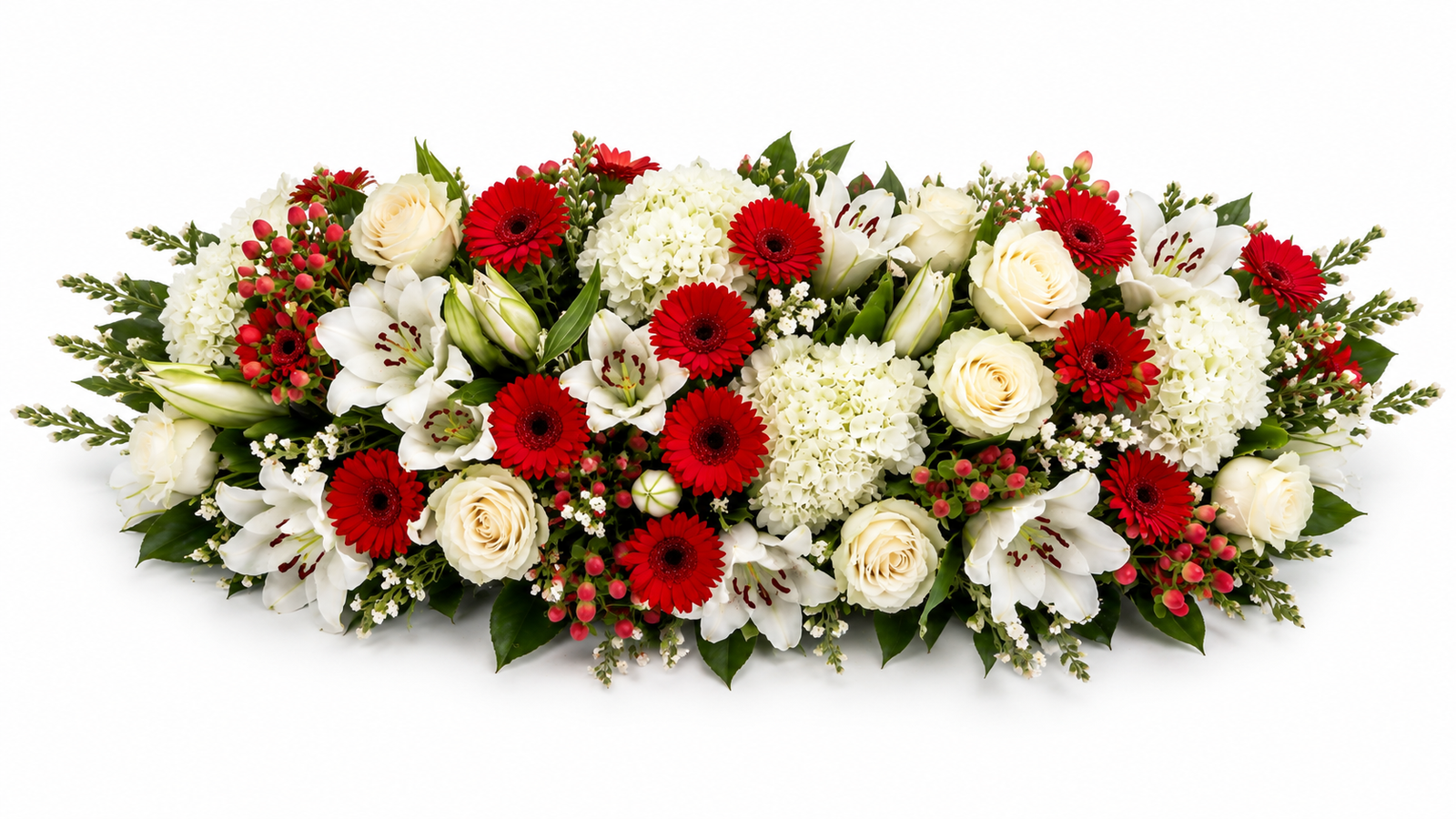Elegant floral centerpiece designed for corporate events, offices, organizations, and formal receptions. Prestige Red and White Floral Centerpiece with Hydrangeas, Roses, Germini and Lilies
