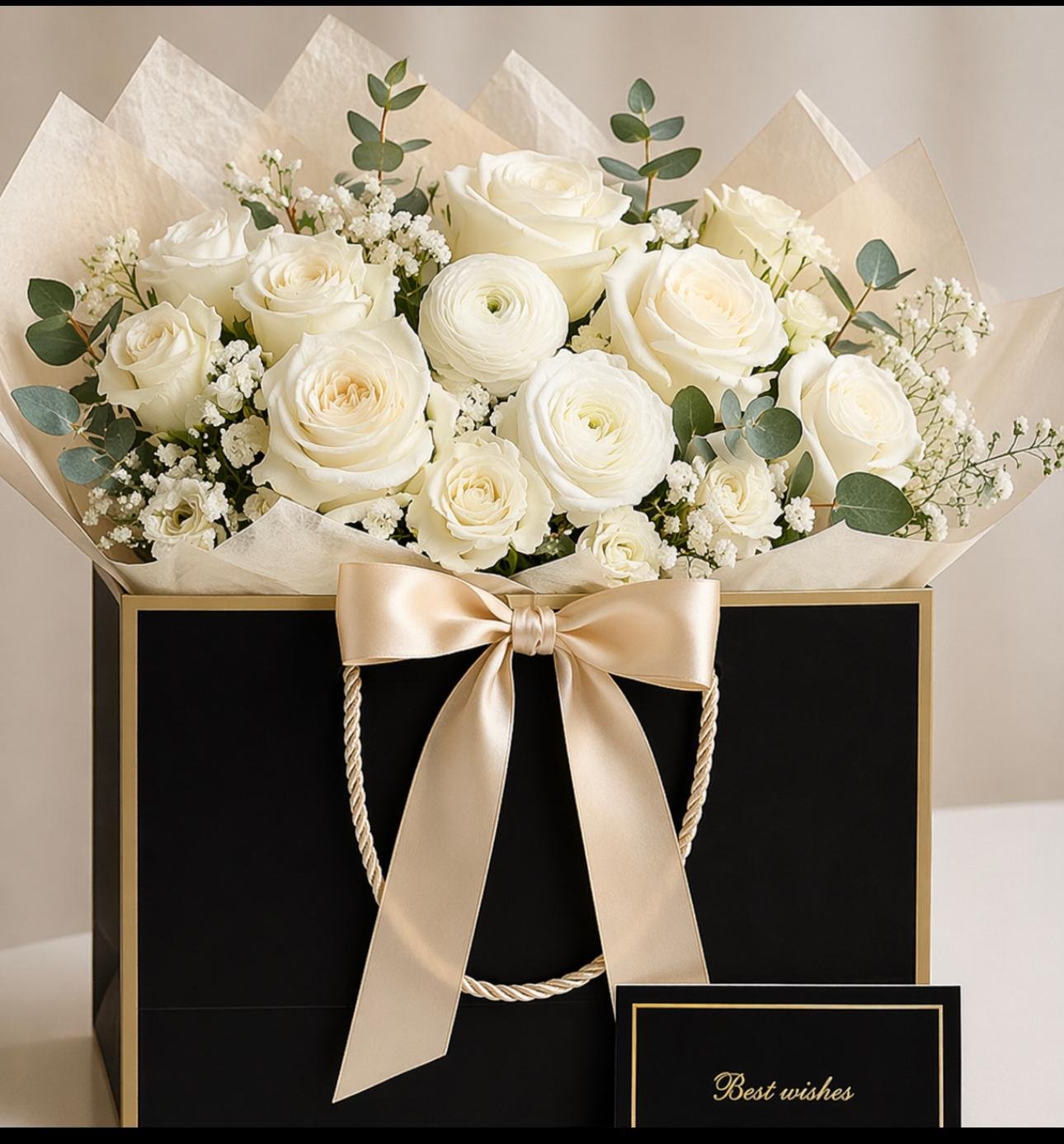 Elegant white rose arrangement in luxury black and gold gift box by Raindrops Flower Vancouver