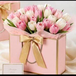Blush pink and white tulip arrangement in a luxury gift box with gold ribbon by Raindrops Flower Vancouver