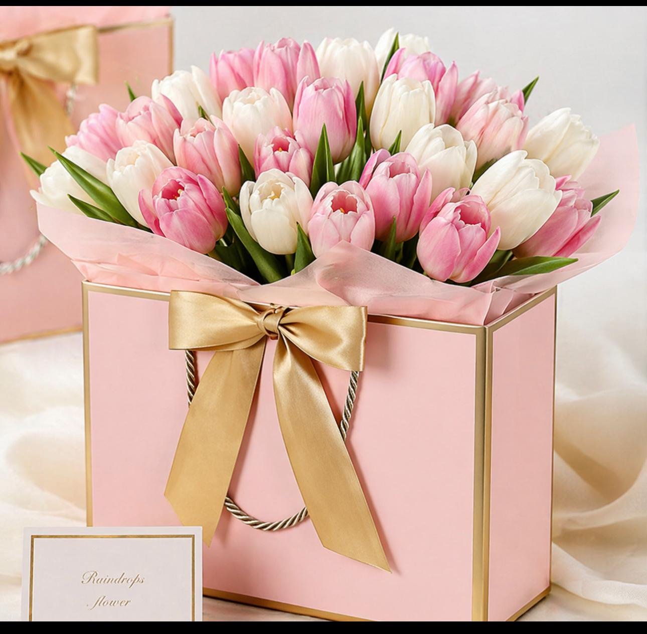 Blush pink and white tulip arrangement in a luxury gift box with gold ribbon by Raindrops Flower Vancouver