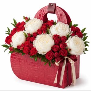 Red and white peony arrangement with red roses in a luxury red handbag box by Raindrops Flower Vancouver