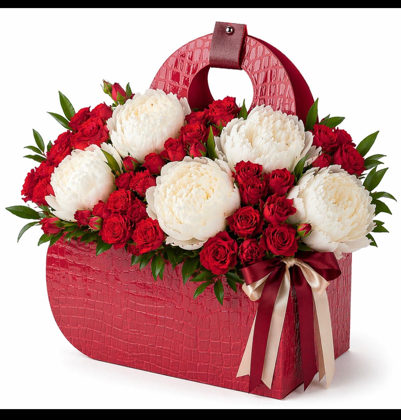 Red and white peony arrangement with red roses in a luxury red handbag box by Raindrops Flower Vancouver