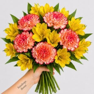 Sunny carnation and yellow alstroemeria bouquet held in hand, bright and cheerful Mother’s Day flowers