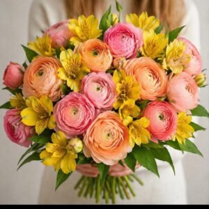 Colorful bouquet with ranunculus and yellow alstroemeria flowers by Raindrops Flower Vancouver