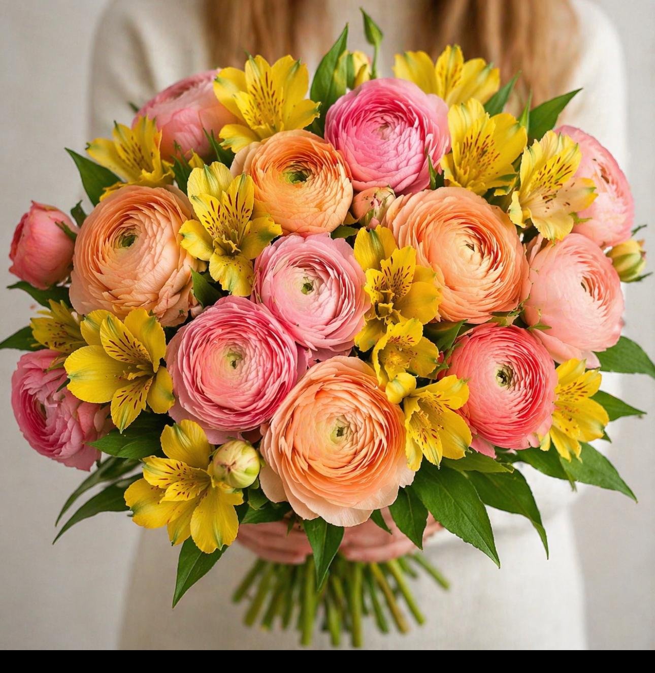 Colorful bouquet with ranunculus and yellow alstroemeria flowers by Raindrops Flower Vancouver